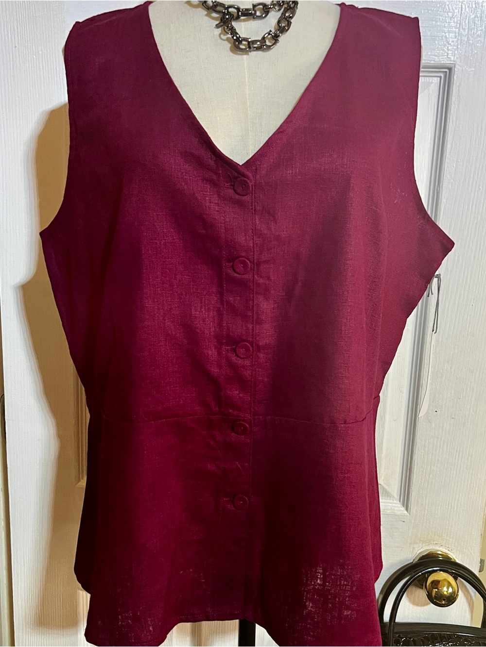 New Liz Claiborne Wms Merlot Linen Blend Sleeveless V Neck Peplum Casual Top XL